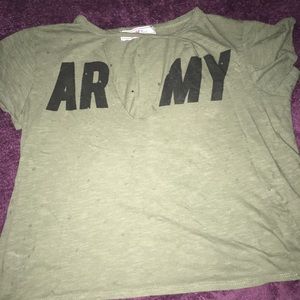 Dark green//deep v - ARMY tee w/ see through